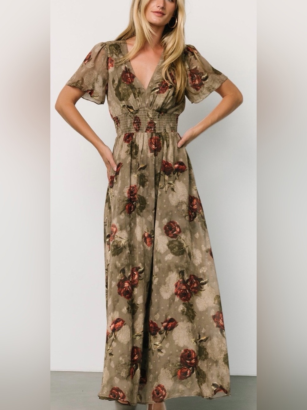 Baltic Born Olive Floral Maxi Dress with Red Rose Print large * cut tag